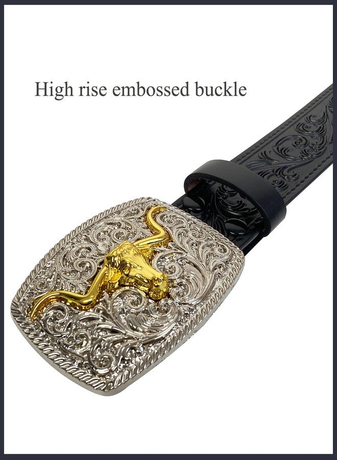 TOPACC Cowboy Belts for Men Women Cowgirl Black Genuine Leather Belt Gold Longhorn Buckle Western Belt for Jeans Pants Dresses Rodeo Outfi - Image 2