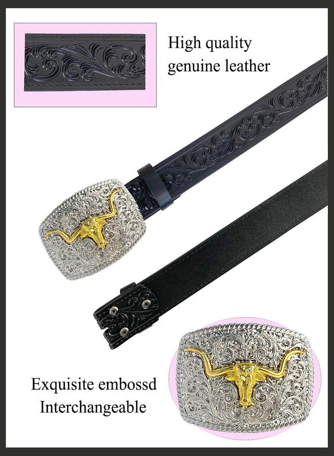 TOPACC Cowboy Belts for Men Women Cowgirl Black Genuine Leather Belt Gold Longhorn Buckle Western Belt for Jeans Pants Dresses Rodeo Outfi - Image 3