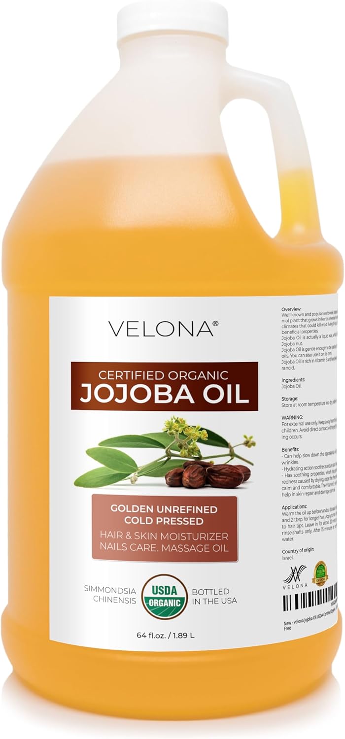 velona Jojoba Oil USDA Certified Organic  64 Fl Oz  100 Pure and Natural Carrier Oil Golden Unrefined Cold Pressed Hexane Free