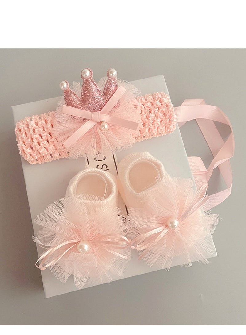 Loquat 3PCS Baby Headband Sock Gift Box Set Full Moon 100th Birthday Gift Pink