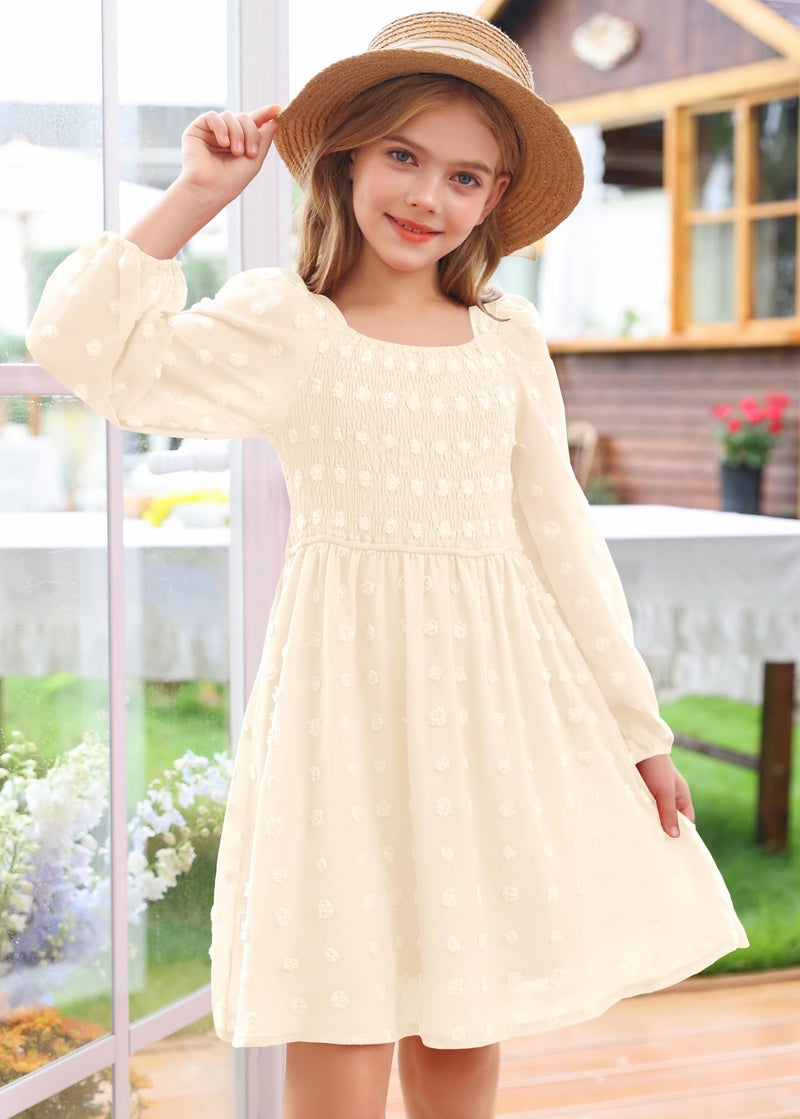 HOSIKA Girls Long Sleeve Dress Swiss Dot Square Neck Smocked Fall Dresses with Pockets 6-7 Years Apricot - Image 2