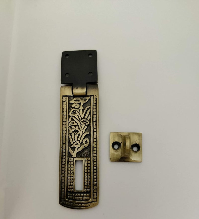 BRASS INDIA BRASS INDIA 100 Full Brass CHAPRAS DoorDrawerBox Handlesets Handle Lock with Design Carving Size 4 inches Medium Model No512 Weight 120 GMS Heavy Durable Premium Brass Material - Image 1
