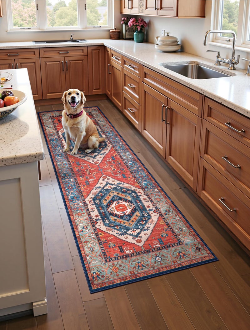 SERISSA Boho Washable Runner Rug, 2x5 Non-Slip Vintage Rust Hallway Kitchen Runner Rug Ultra Soft Print Distressed Tribal Floor Carpet for Bedroom Bathroom Laundry Living Room - Image 1