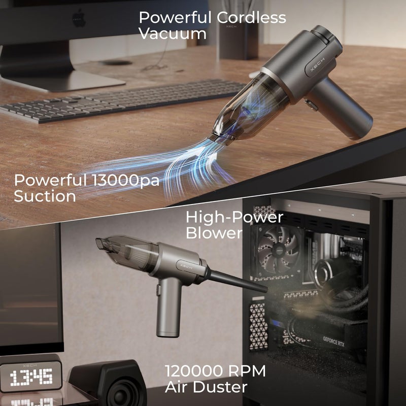 Xech مكنسة كهربائية لاسلكية مع منفاخ هواء | محرك BLDC | شفط 13000pa، وظيفة 2 في 1 مكنسات ومنفاخ غبار، مدمجة، قابلة لإعادة الشحن | ملحقات متعددة للسيارة، المنزل والمكتب (V-Gun Ultra) - Image 3