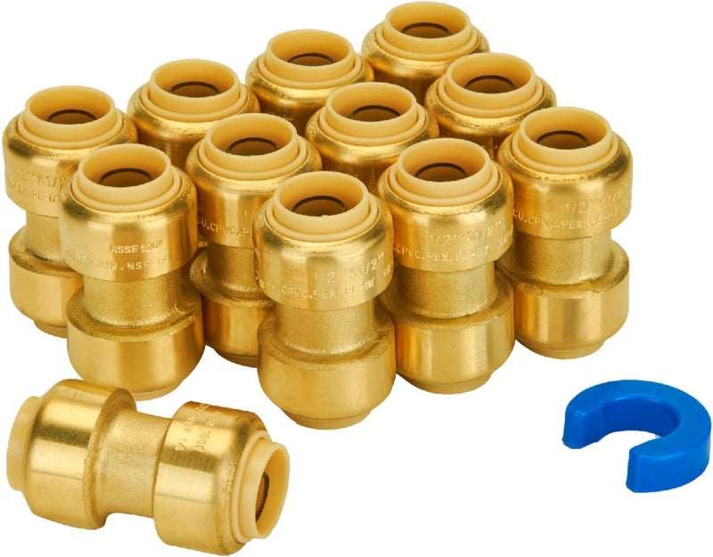 SUNGATOR 1/2 Inch Coupling, Push Pex Fittings 1/2 Inch, 1/2" Straight Coupling, No Lead Brass Push-to-Connect Fittings for Pex Pipe, Copper, CPVC, with 1 Disconnect Clip, Pack of 12 - Image 1