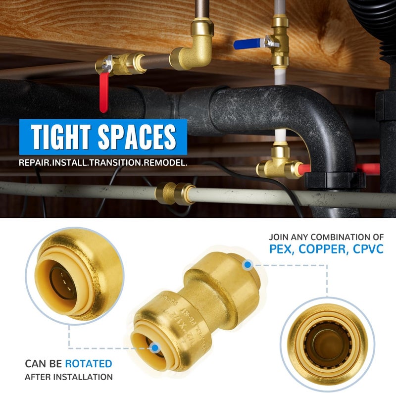 SUNGATOR 1/2 Inch Coupling, Push Pex Fittings 1/2 Inch, 1/2" Straight Coupling, No Lead Brass Push-to-Connect Fittings for Pex Pipe, Copper, CPVC, with 1 Disconnect Clip, Pack of 12 - Image 4