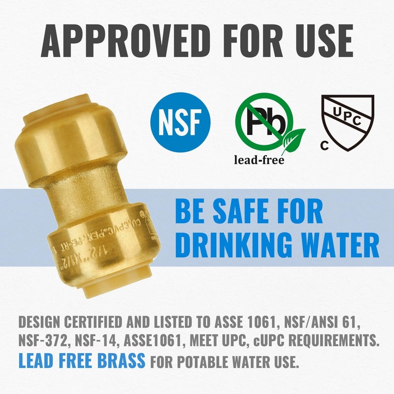 SUNGATOR 1/2 Inch Coupling, Push Pex Fittings 1/2 Inch, 1/2" Straight Coupling, No Lead Brass Push-to-Connect Fittings for Pex Pipe, Copper, CPVC, with 1 Disconnect Clip, Pack of 12 - Image 3
