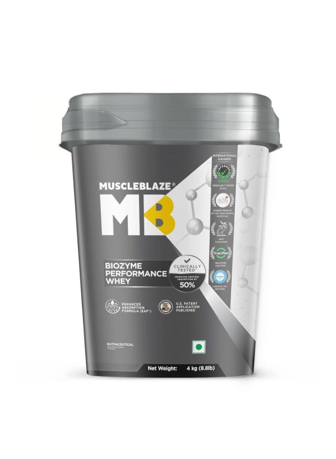 MuscleBlaze Biozyme Performance Whey Protein Powder, Triple Chocolate (4kg) | 25g Protein Per Scoop | Clinically Tested 50% Higher Protein Absorption - Image 1