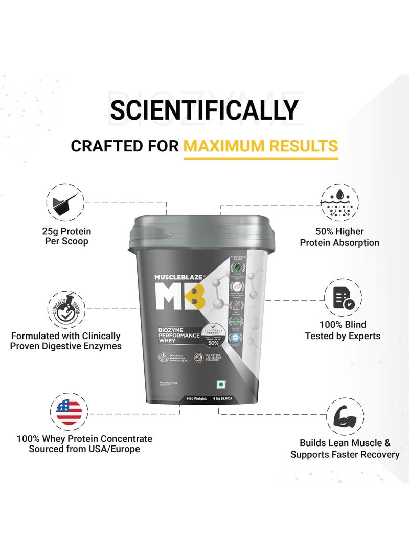 MuscleBlaze Biozyme Performance Whey Protein Powder, Triple Chocolate (4kg) | 25g Protein Per Scoop | Clinically Tested 50% Higher Protein Absorption - Image 2