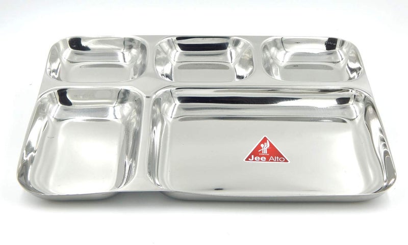 JEE ALTO 20 Gauge Heavy Duty 4 in 1 Stainless Steel Kitchen and Dining Rectangle Compartment Divided PlateThaliMess Tray Set 29 x 255 x 25 cm Silver_Set of 2 - Image 1