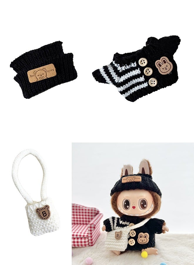 handmade crochet clothing 3-piece Set for lububu doll (without doll) (Applicable to 15-17 cm) | Top + Hat + Exquisite Accessories | Compatible with Have a Seat/Macaron Series (Black) - Image 1