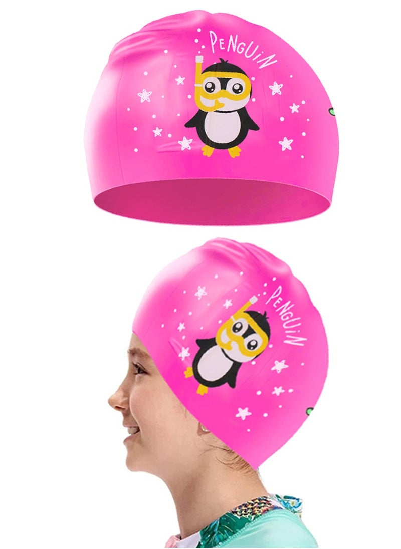 QUTOOB Silicone Swimming Cap for Kids, Girls Boys and Teens, Protecting Ears and Hair from Chlorine, Bacteria, Sand in the Water Odorless and Skin Friendly, Cute Penguin Shape Design Waterproof Swim Cap  - Image 1