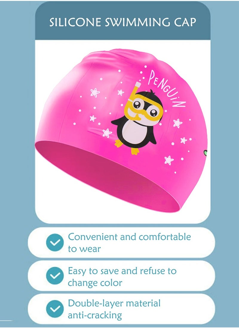 QUTOOB Silicone Swimming Cap for Kids, Girls Boys and Teens, Protecting Ears and Hair from Chlorine, Bacteria, Sand in the Water Odorless and Skin Friendly, Cute Penguin Shape Design Waterproof Swim Cap  - Image 2