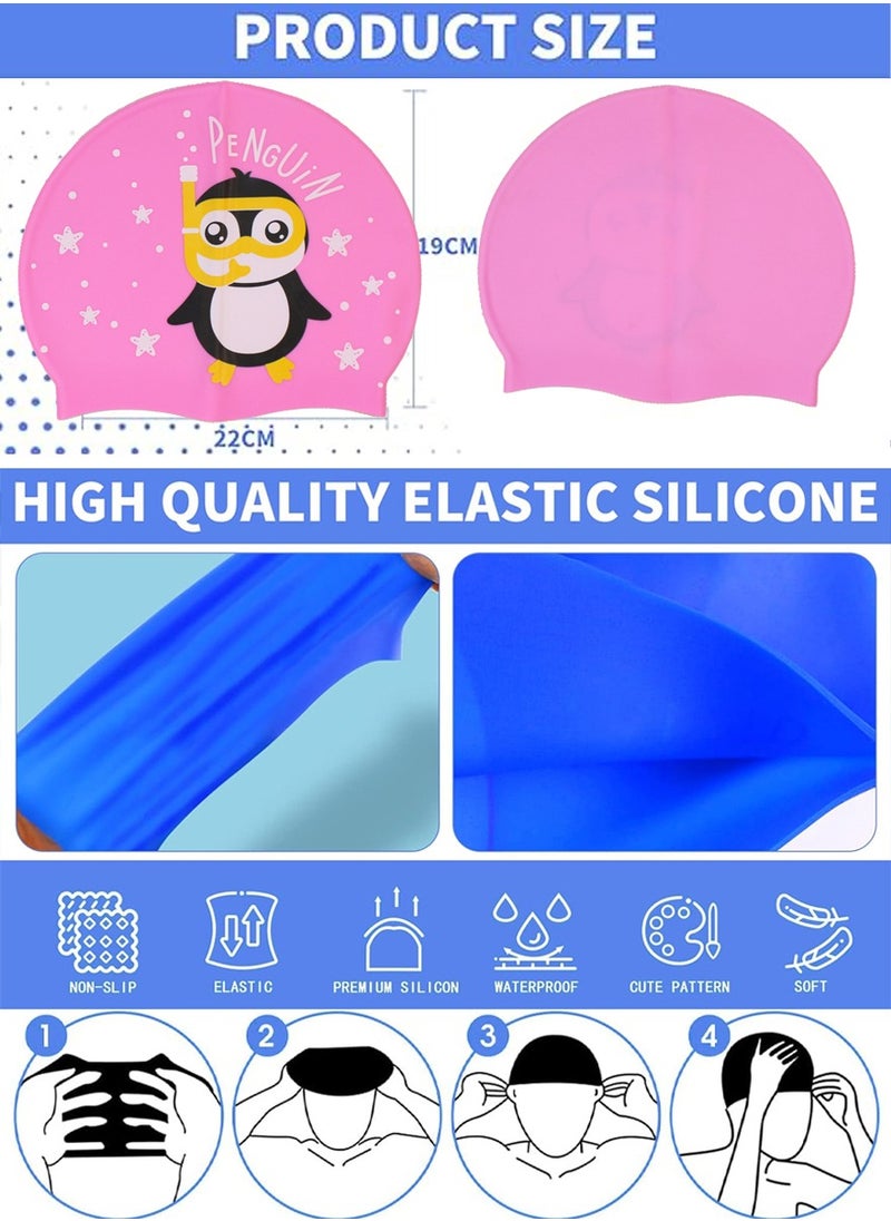 QUTOOB Silicone Swimming Cap for Kids, Girls Boys and Teens, Protecting Ears and Hair from Chlorine, Bacteria, Sand in the Water Odorless and Skin Friendly, Cute Penguin Shape Design Waterproof Swim Cap  - Image 4