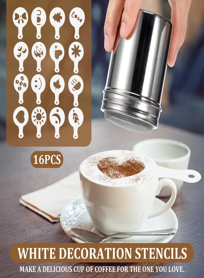 JOUTYFOR Coffee Decoration Stencils Latte Art Template Coffee Mold Tool with 3 Stainless Steel Shaker and 16 Pieces Stencils Latte Art for Cake Cookie Decorating Oatmeal Cappuccino Hot Chocolate - Image 5