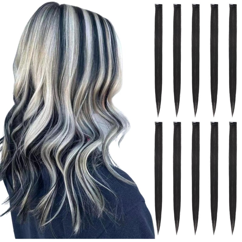 RINBOOOL Black Hair Extensions Clip in for Kids Girls, 10 Pieces 22 Inch Long Straight Colored Streak Synthetic Accessories Hairpiece Clip ins, Play Party Highlights - Image 1