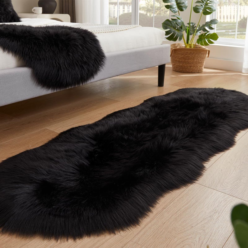 Easy Joy EasyJoy Ultra Soft Fluffy Shaggy Area Rug Faux Fur Rug Chair Cover Seat Pad Fuzzy Area Rug for Bedroom Floor Sofa Living Room (2 x 6 ft Sheepskin, Black) - Image 5