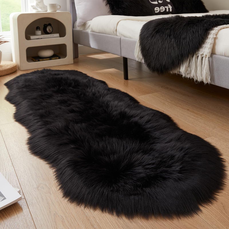 Easy Joy EasyJoy Ultra Soft Fluffy Shaggy Area Rug Faux Fur Rug Chair Cover Seat Pad Fuzzy Area Rug for Bedroom Floor Sofa Living Room (2 x 6 ft Sheepskin, Black) - Image 2