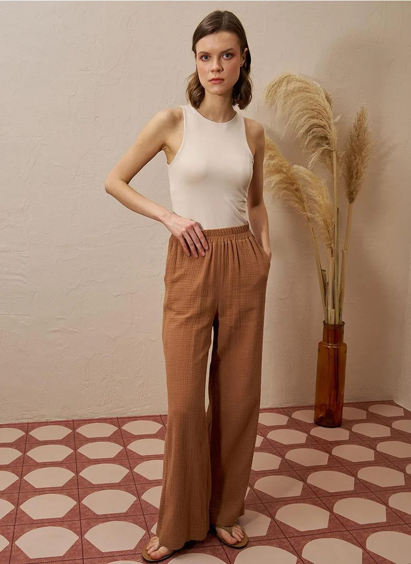 Kayra Elastic Waist Muslin Trousers Tobacco