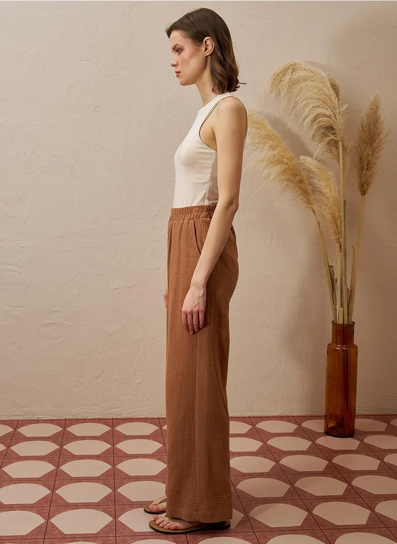 Kayra Elastic Waist Muslin Trousers Tobacco