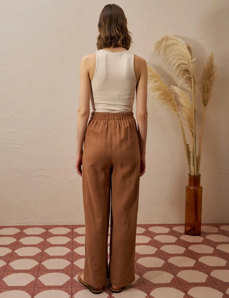 Kayra Elastic Waist Muslin Trousers Tobacco