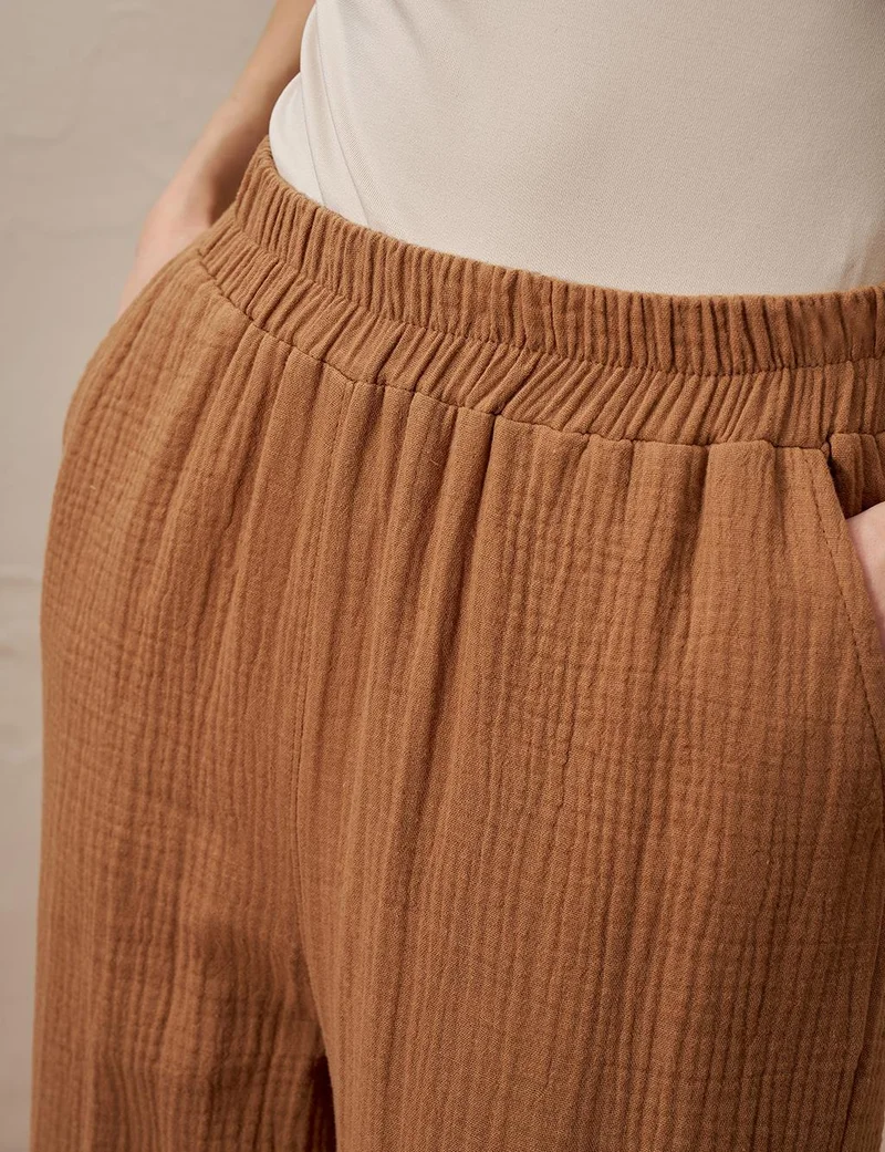 Kayra Elastic Waist Muslin Trousers Tobacco
