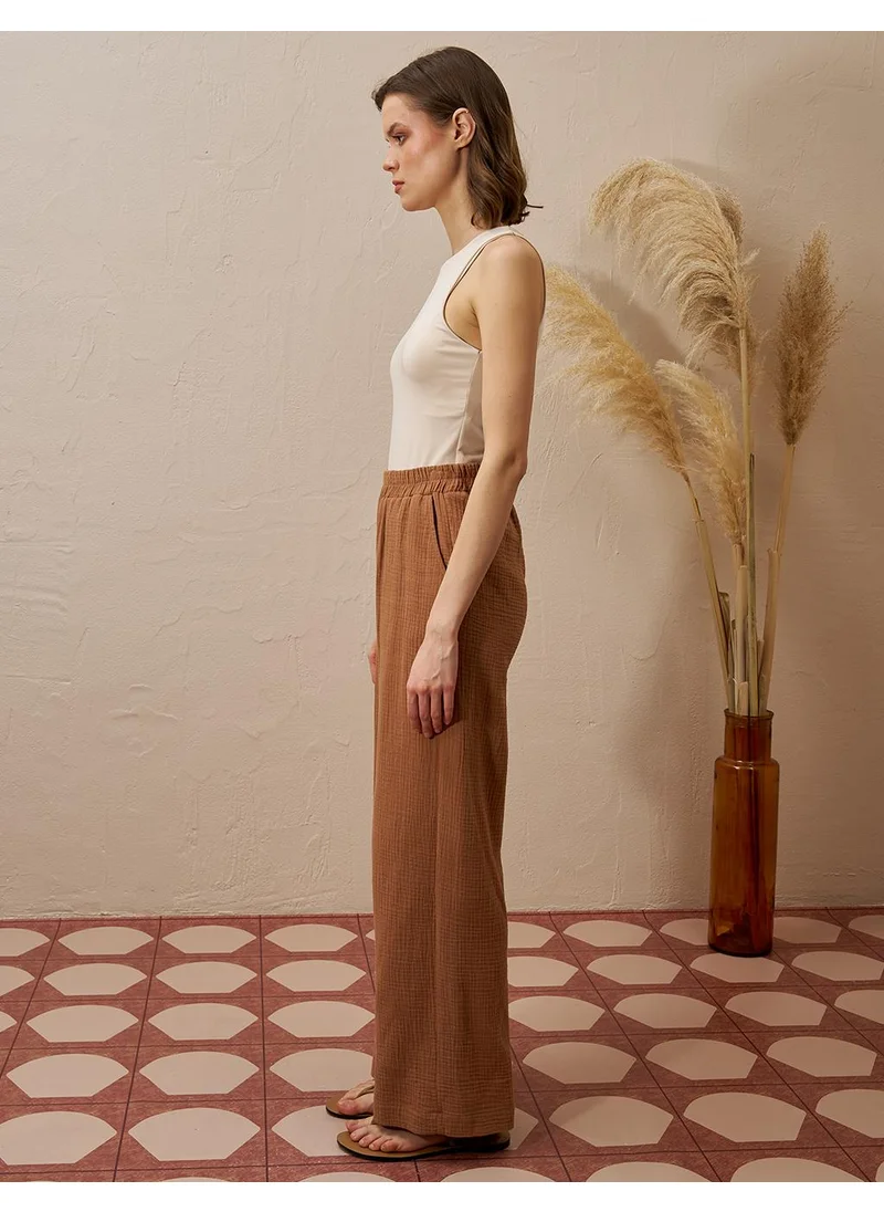 Kayra Elastic Waist Muslin Trousers Tobacco