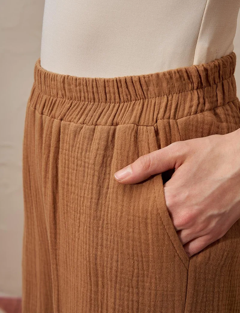 Kayra Elastic Waist Muslin Trousers Tobacco