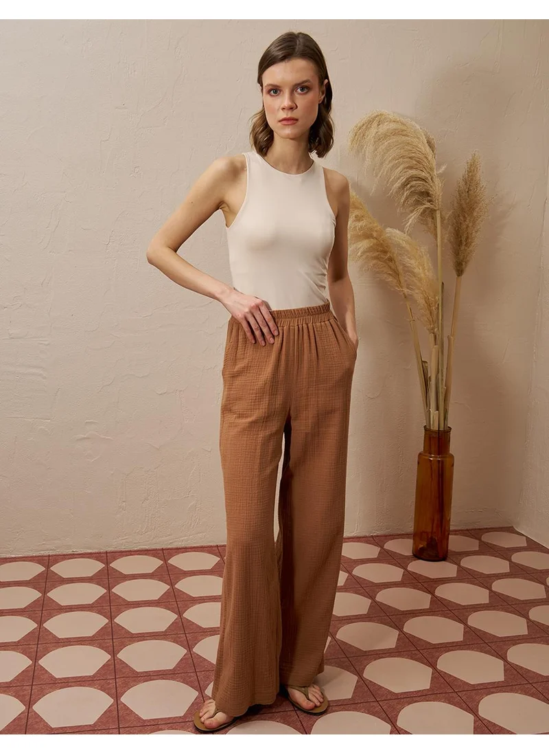 Kayra Elastic Waist Muslin Trousers Tobacco