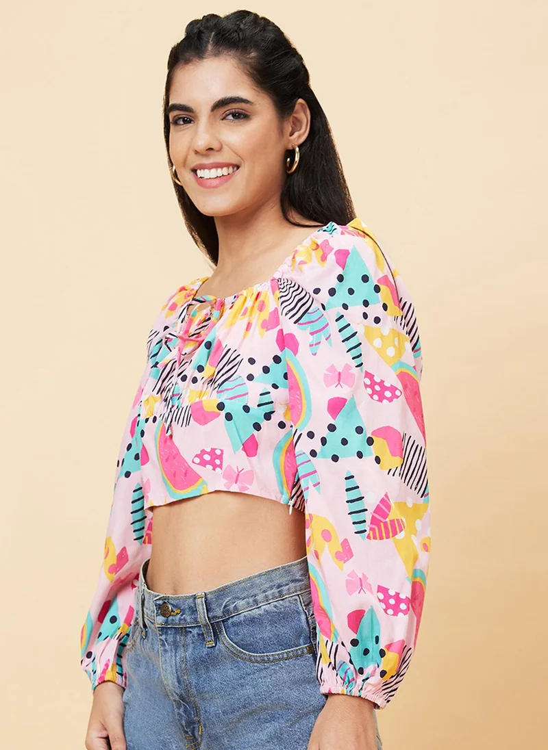 globus Globus Women Pink And Blue Conversational Printed Square Neck Puffed Sleeves Crop Cotton Top