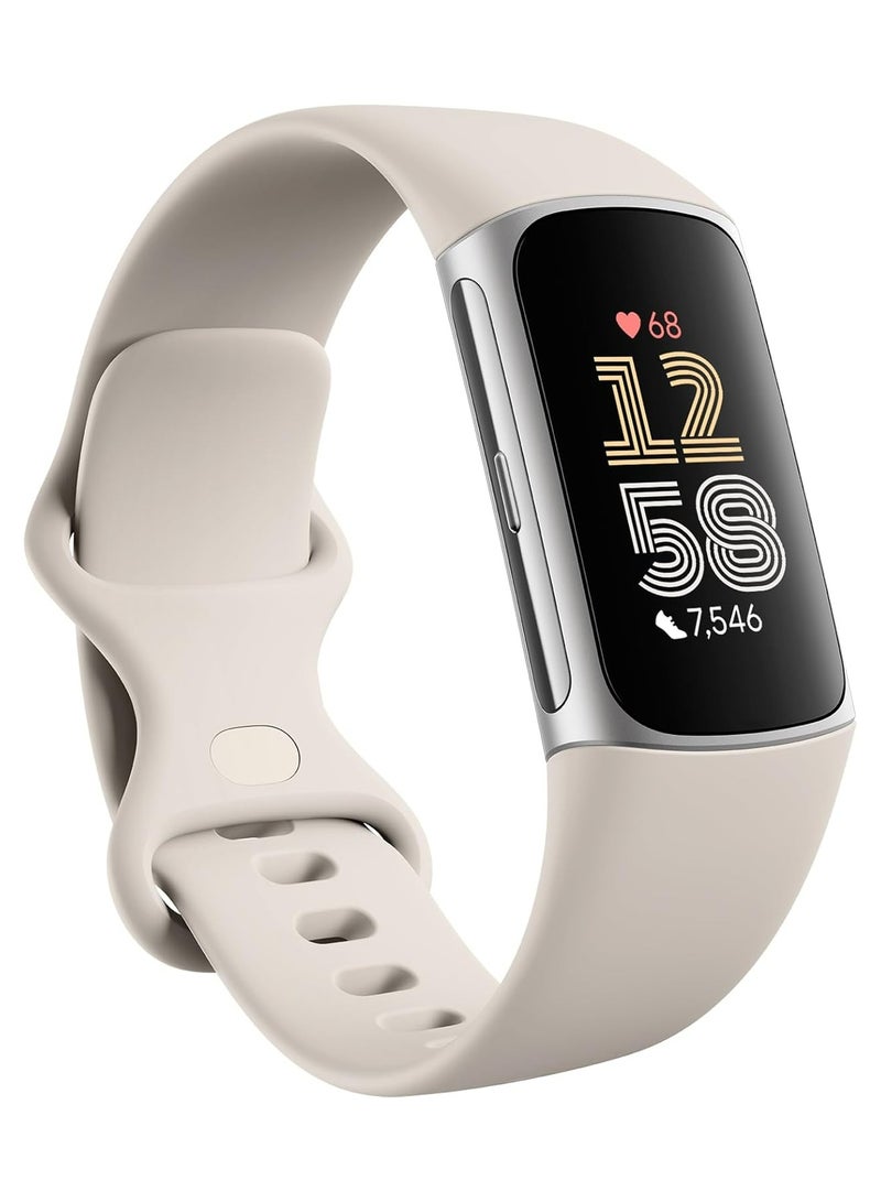 Fitbit Charge 6 Fitness Tracker with Google apps, Heart Rate on Exercise Equipment, GPS, Health Tools and More, Porcelain/Silver, One Size (S & L Bands Included) - Image 1