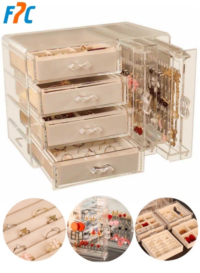 أف بي سي صندوق المجوهرات الاكريليك ، منظم المجوهرات الواضحة ، مع 4 درجات و 2 حامل أقراط ، حالة عرض المجوهرات المخملية المقاومة للغبار ، تخزين حلقات قلادة السوار ، تخزين المجوهرات وعرض الهدية - Image 1