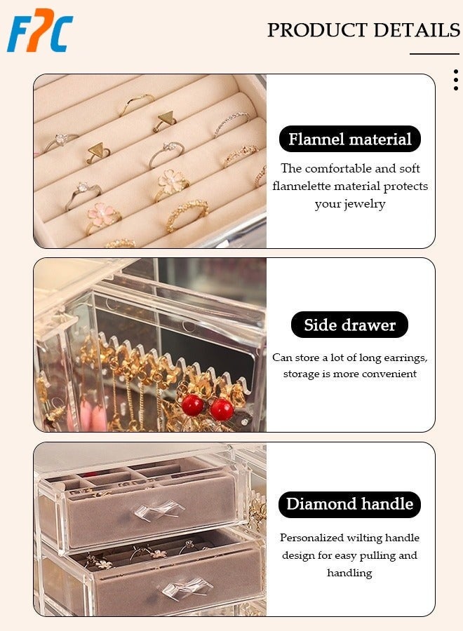 أف بي سي صندوق المجوهرات الاكريليك ، منظم المجوهرات الواضحة ، مع 4 درجات و 2 حامل أقراط ، حالة عرض المجوهرات المخملية المقاومة للغبار ، تخزين حلقات قلادة السوار ، تخزين المجوهرات وعرض الهدية - Image 3