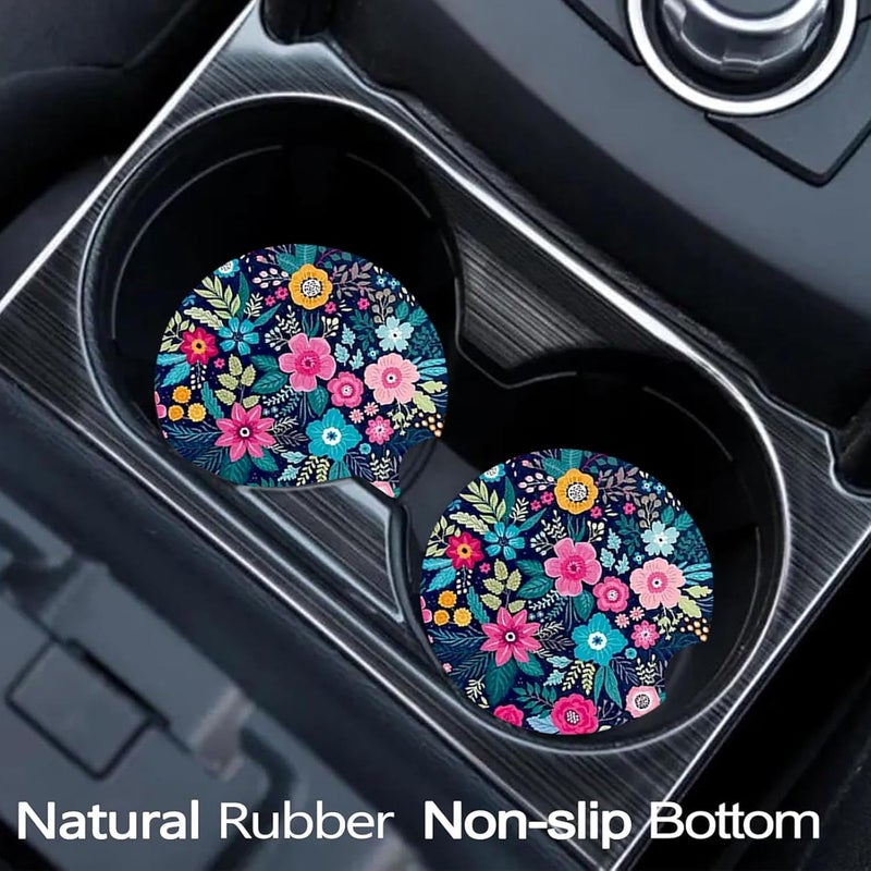 Ldntly Car Coasters for Cup Holders,2 Pack Floral Car Coasters,2.75" Universal Size Anti Slip Rubber Mat,Automotive Cup Holder Decal Decor Accessories,Rubber Car Cup Mat for Women,Men,Mom - Image 2