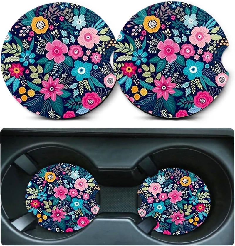 Ldntly Car Coasters for Cup Holders,2 Pack Floral Car Coasters,2.75" Universal Size Anti Slip Rubber Mat,Automotive Cup Holder Decal Decor Accessories,Rubber Car Cup Mat for Women,Men,Mom - Image 1