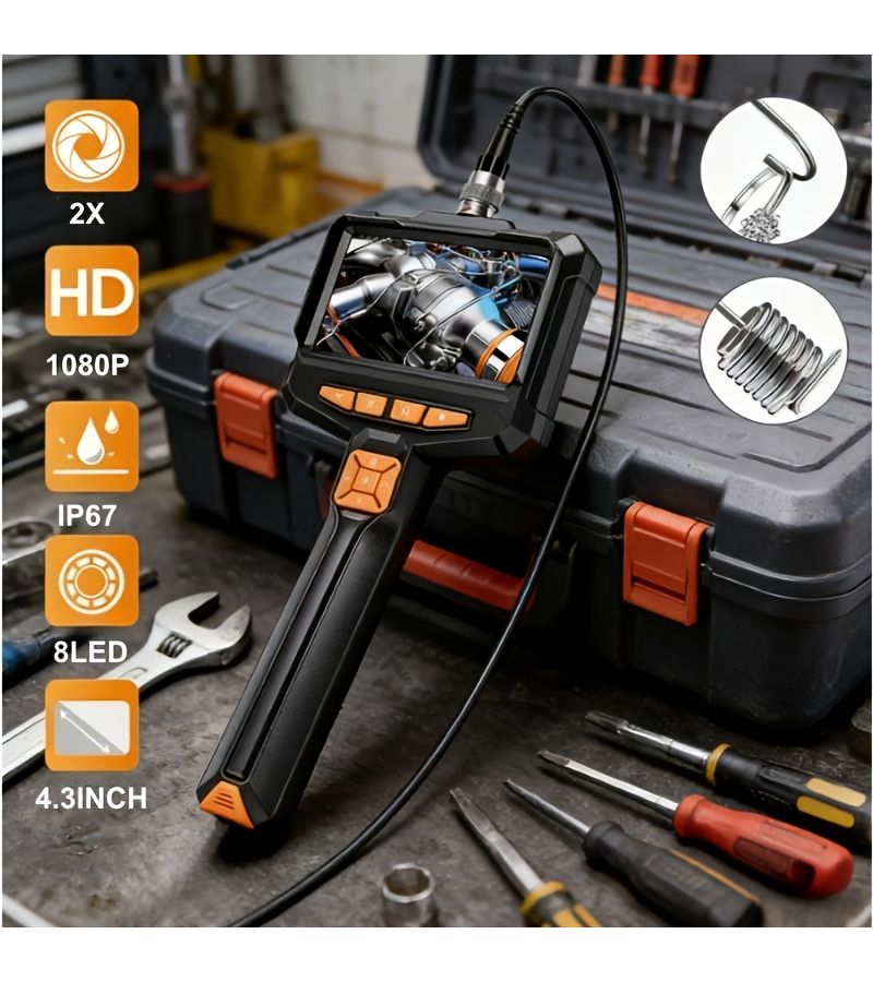 Industrial Handheld Endoscope 16 4ft Semi Rigid Cable IP67 Waterproof with 4 3 Inch HD Screen And 8 Adjustable LEDs For Automotive Repair Appliance Testing And Inspection - Image 1