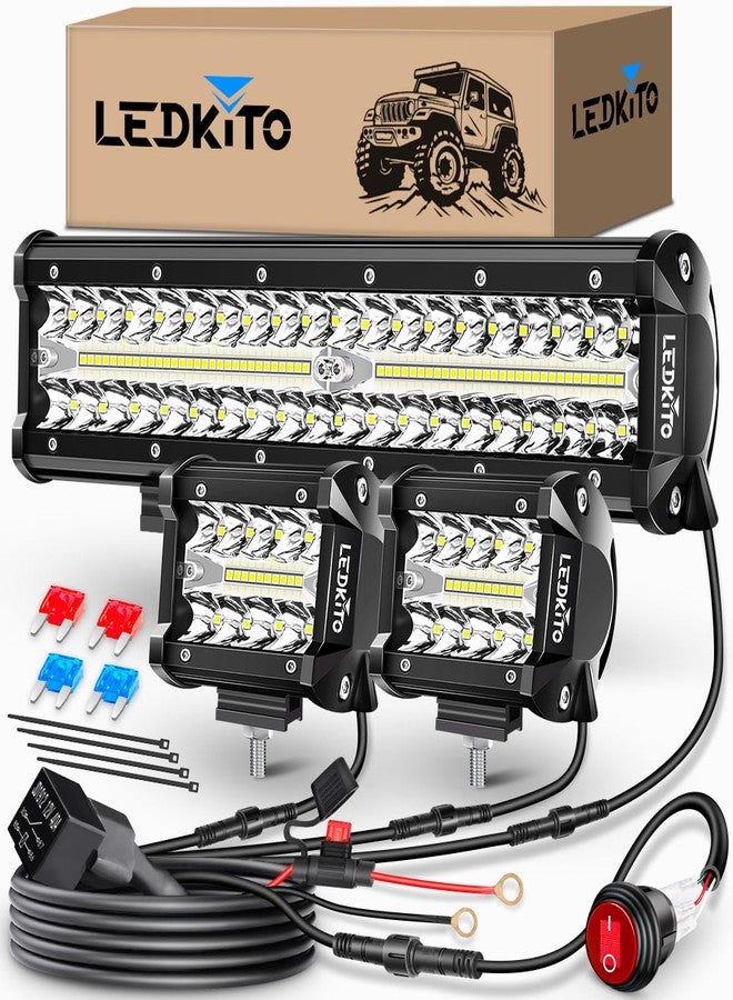 LEDKITO 12 Inch LED Light Bar and 2PCS 4 Inch Pod Lights Off Road Lights with Switch 3 Lead Wiring Harness Triple Row Spot Flood Combo LED Light Bar for Truck Car UTV Boat - Image 1