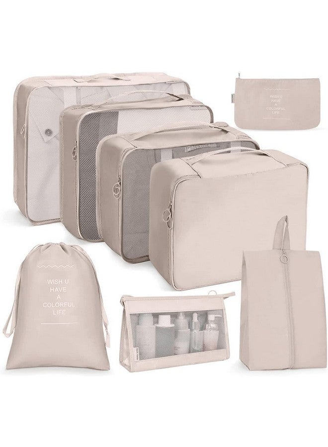 Oceanevo 8 Pcs Packing Cubes for Travel, Travel Organizer Bags for Luggage, Suitcase with Toiletry Pouch and Shoe Bag - Set of 8 - Beige - Image 1