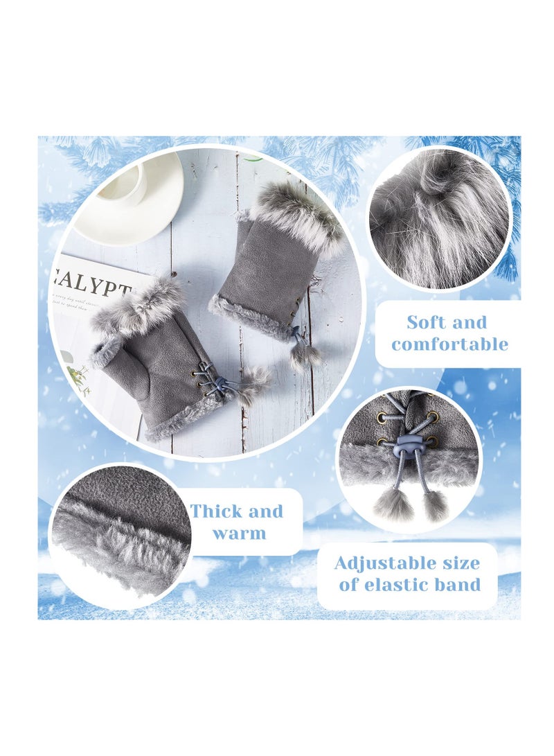 Excefore Fingerless Fur Gloves, Winter Rabbit Fur Half finger Mittens for Women Girls Teen Working Writing, 2 Pairs - Image 3