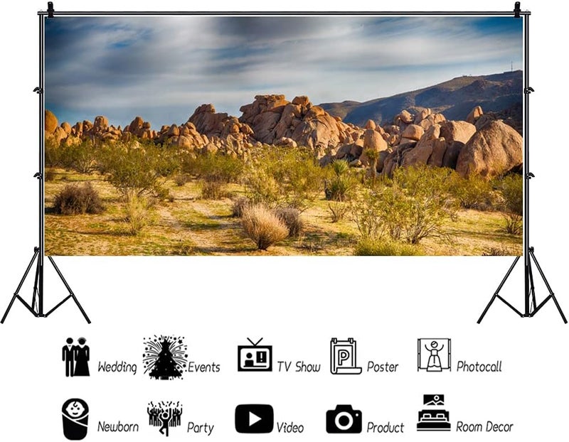 Laeacco Dusk Gobi Desert Scenic 15x8ft Vinyl Photography Background Setting Sun Weathered Rock Mountains Plants Backdrop Wedding Shoot Landscape Wallpaper Birthday Banner Studio Props - Image 2