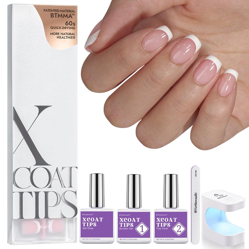 BTArtboxnails XCOATTIPS أظافر فرنسية نصائح أظافر مربعة قصيرة جداً مع جل أظافر ثنائي حماية فرنسية مصباح أظافر كل في واحد جل ناعم نصائح أظافر فرنسية مضغوطة