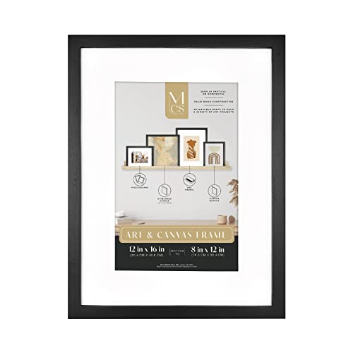 MCS Gallery Wooden Frame for Canvas, Art Boards, Photos and more, Black, 12x16 with 8x12 Mat - Image 1