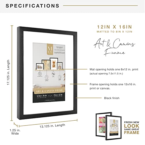 MCS Gallery Wooden Frame for Canvas, Art Boards, Photos and more, Black, 12x16 with 8x12 Mat - Image 3