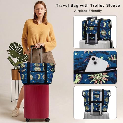 HAWEE Expandable Duffel Bag for Women with Trolley Sleeve and Wet Pocket Water Repellent Weekender Travel Tote Large Capacity Carry On Overnight Luggage Sun and Moon - Image 3