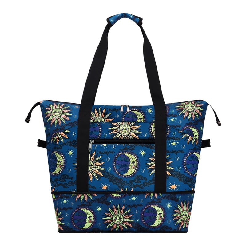 HAWEE Expandable Duffel Bag for Women with Trolley Sleeve and Wet Pocket Water Repellent Weekender Travel Tote Large Capacity Carry On Overnight Luggage Sun and Moon - Image 2