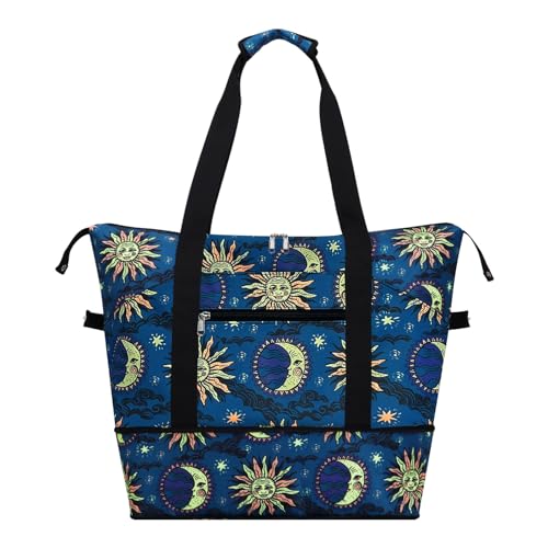 HAWEE Expandable Duffel Bag for Women with Trolley Sleeve and Wet Pocket Water Repellent Weekender Travel Tote Large Capacity Carry On Overnight Luggage Sun and Moon - Image 1
