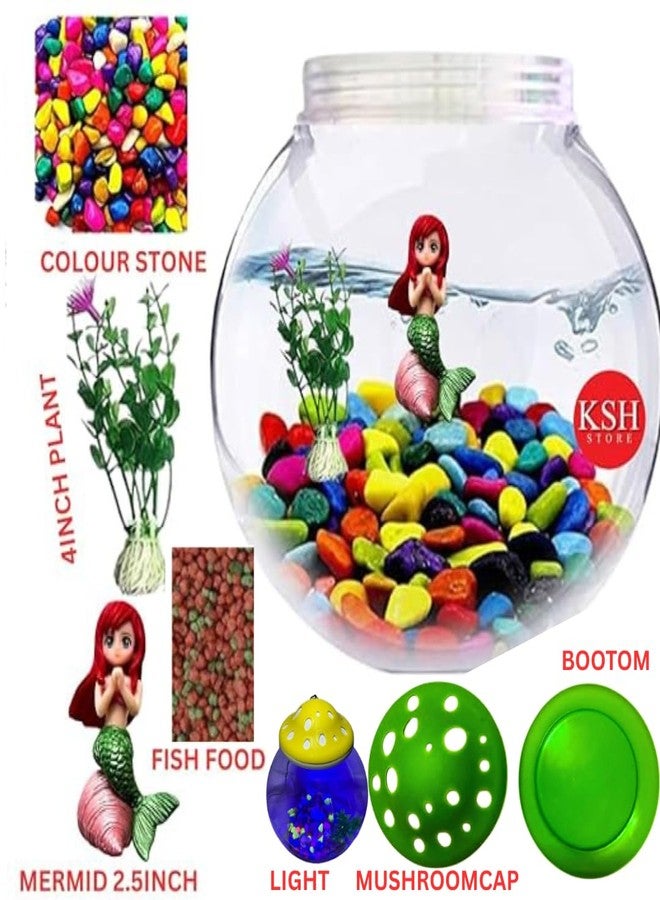 KSH STORE حوض سمك دائري مع غطاء فطر أخضر، 8 بوصة، مجموعة كاملة مع حامل، نبات صناعي، أحجار ملونة، لعبة حورية البحر، شبكة، طعام سمك، بلاستيك غير قابل للكسر (أخضر) - Image 3