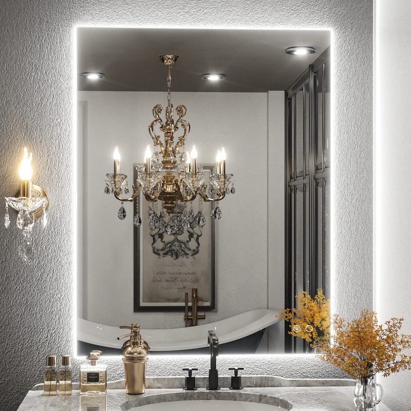 Keonjinn Keonjinn 28 x 36 Inch LED Backlit Mirror Bathroom Lighted Vanity Mirror 3 Colors WarmNaturalWhite Lights High Lumens 5573LM AntiFog Dimmable LED Makeup Mirror with Lights VerticalHorizontal 