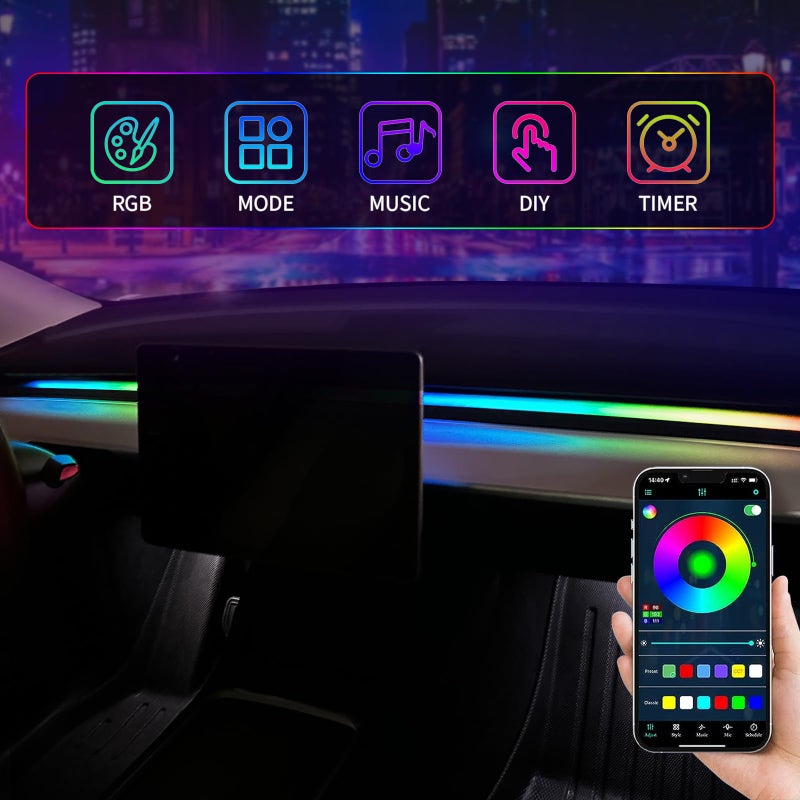 Uxcer 2025-2021 Tesla Model 3/Y Interior Neon Lights for Dashboard, RGBIC Color Changing LED Strip Lights with App & Remote Control & USB Hub(Not Fit for Model 3 Highland & Model Y Juniper) - Image 2