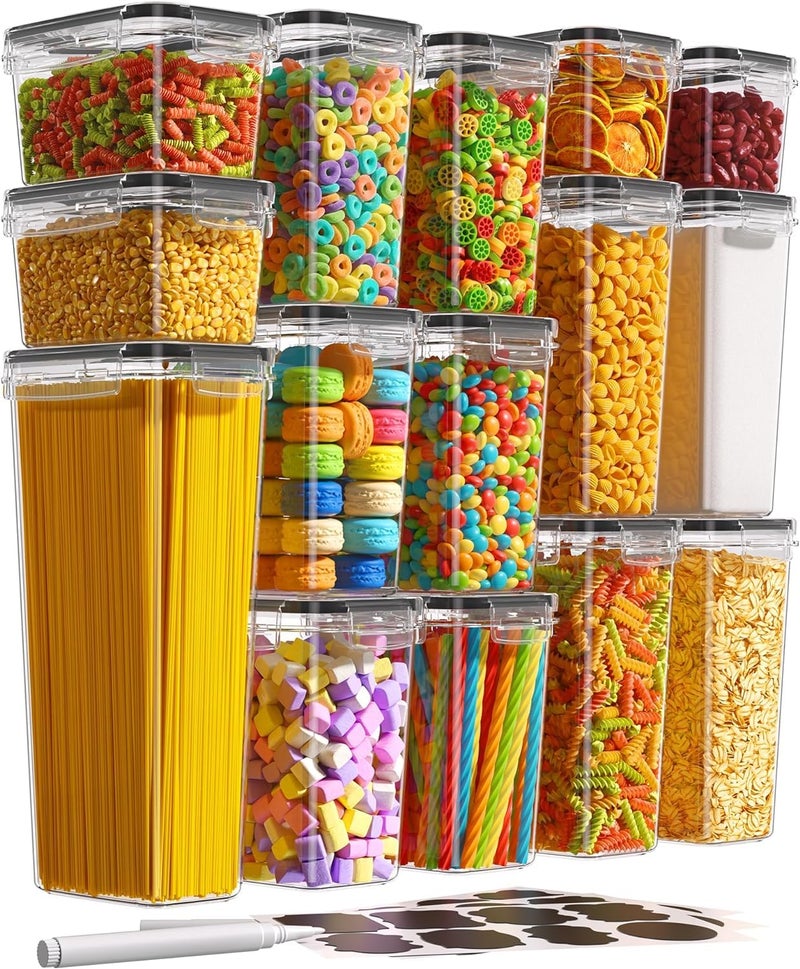 Premify 15 Airtight Food Storage Containers Set with Lids BPA Free Plastic Dry Food Canisters For Cereal Flour Sugar Kitchen Pantry Organization and Storage Black
